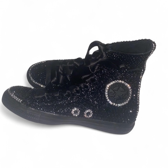 Jet Black & Crystal High Top Converse Sizes 5-14 New In Box With Ribbon Laces - Picture 2 of 12